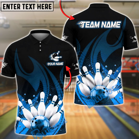 BlueJose Bowling & Pins Flame Fire & Marble Ball Art Customized Name, Team Name 3D Shirt (4 Colors)