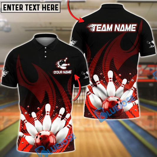 BlueJose Bowling & Pins Flame Fire & Marble Ball Art Customized Name, Team Name 3D Shirt (4 Colors)