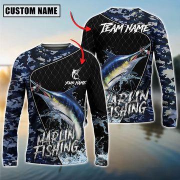 Bluejose Marlin Fishing Camo Grid Water Pattern Graphic Custom Name & Team Name 3D Shirts