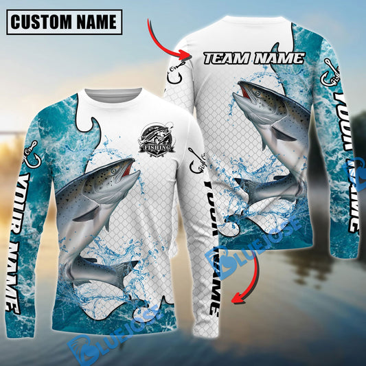 Bluejose Chinook Salmon Fishing Dynamic Water Splash Scale Pattern Custom Name & Team Name 3D Shirts
