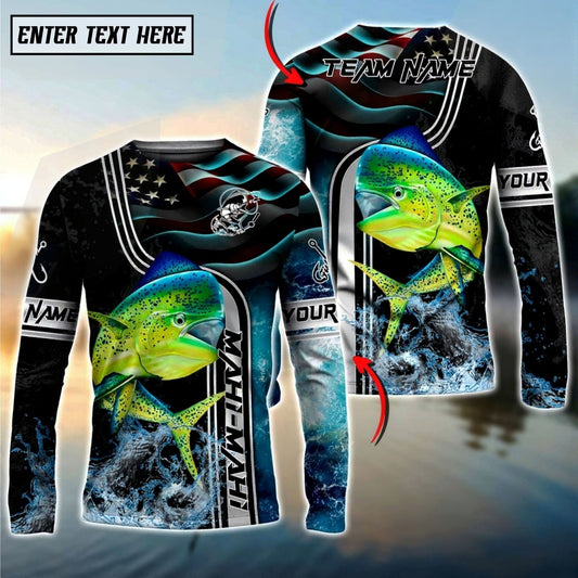 Bluejose Mahi-Mahi Jumping Fish American Flag Wave Splash Custom Name & Team Name 3D Shirts