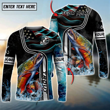 Bluejose Trout Jumping Fish American Flag Wave Splash Custom Name & Team Name 3D Shirts