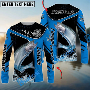 Bluejose Chinook Fishing Blue Dynamic Water Splash Custom Name & Team Name 3D Shirts