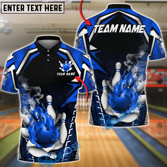 BlueJose Bowling & Pins Fire Bowling Ball Strike Graphic Customized Name, Team Name 3D Shirt (4 Colors)