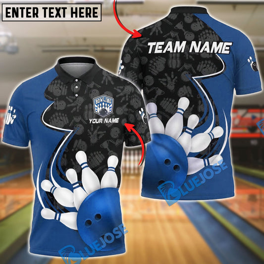 BlueJose Bowling & Pins Ball Strike Curved Graphic Pattern Customized Name, Team Name 3D Shirt (4 Colors)
