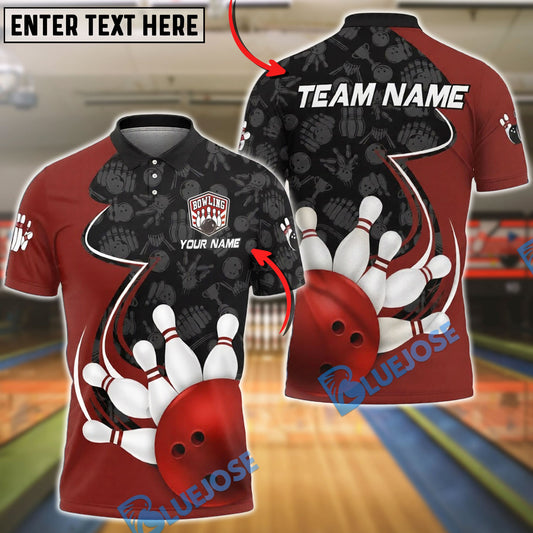 BlueJose Bowling & Pins Ball Strike Curved Graphic Pattern Customized Name, Team Name 3D Shirt (4 Colors)