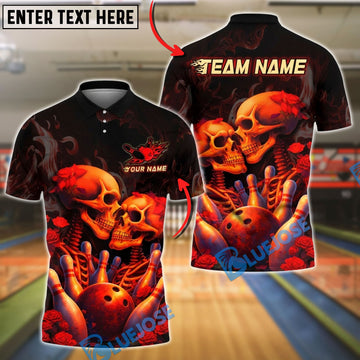 BlueJose Bowling & Pins Skull Rose Dark Gothic Couple Customized Name, Team Name 3D Shirt (4 Colors)
