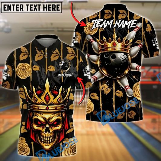 BlueJose Bowling & Pins King Skull Golden Rose Floral Customized Name, Team Name 3D Shirt (6 Colors)