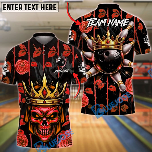 BlueJose Bowling & Pins King Skull Golden Rose Floral Customized Name, Team Name 3D Shirt (6 Colors)