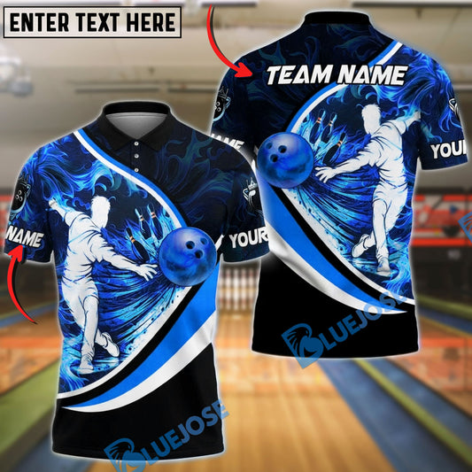 BlueJose Bowling & Pins Player Silhouette Flame Swoosh Customized Name, Team Name 3D Shirt (4 Colors)