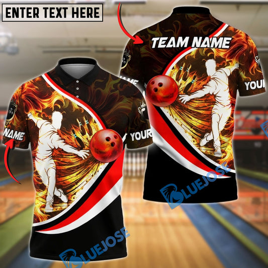 BlueJose Bowling & Pins Player Silhouette Flame Swoosh Customized Name, Team Name 3D Shirt (4 Colors)