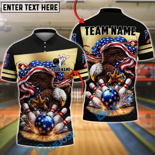 BlueJose Bowling & Pins Patriotic Eagle Slam Strike American Flag Customized Name, Team Name 3D Shirt (6 Colors)