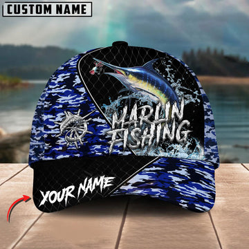 BlueJose Marlin Fishing Camo Grid Water Pattern Personalized Cap