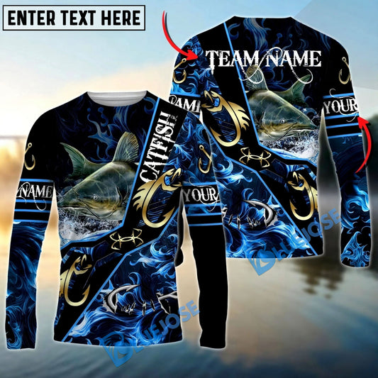 Bluejose Catfish Fishing Realistic Jumping Blue Water Flame Golden Hooks Custom Name & Team Name 3D Shirts