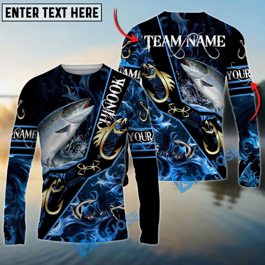 Bluejose Chinook Salmon Fishing Realistic Jumping Blue Water Flame Golden Hooks Custom Name & Team Name 3D Shirts