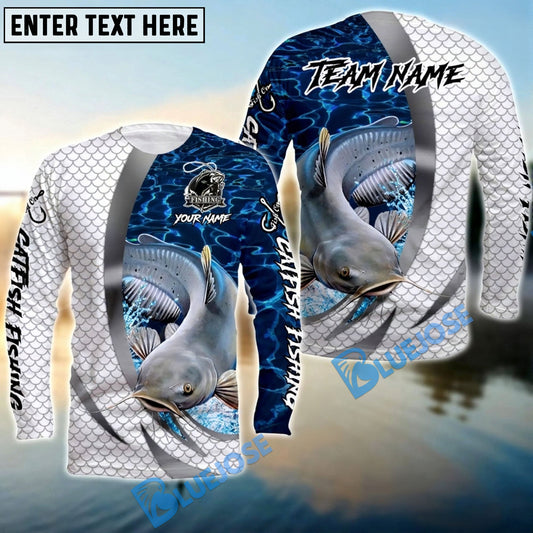 Bluejose Catfish Silver Scale Pattern Realistic Jumping Fish Water Splash Custom Name & Team Name 3D Shirts