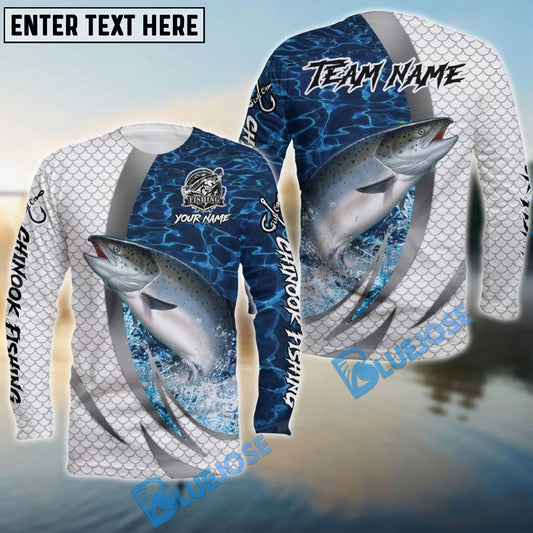 Bluejose Chinook Salmon Silver Scale Pattern Realistic Jumping Fish Water Splash Custom Name & Team Name 3D Shirts