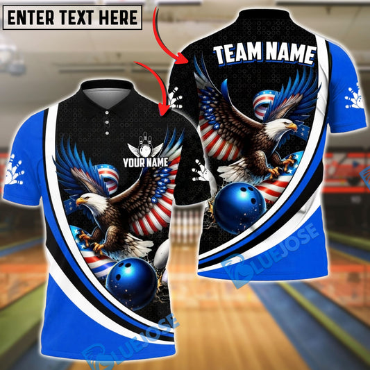 BlueJose Bowling & Pins Eagle American Flag Wings & Strike Ball Customized Name, Team Name 3D Shirt (4 Colors)