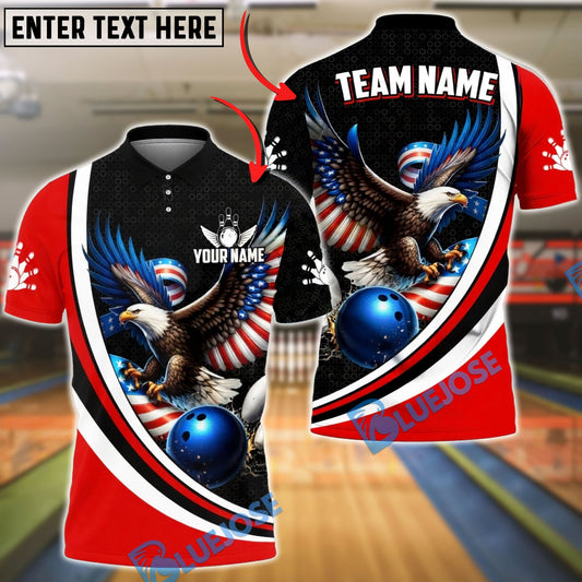 BlueJose Bowling & Pins Eagle American Flag Wings & Strike Ball Customized Name, Team Name 3D Shirt (4 Colors)