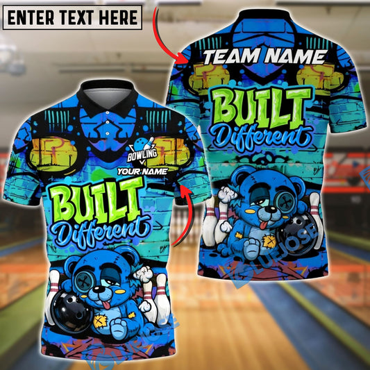 BlueJose Bowling & Pins Built Different Graffiti Teddy Bear Customized Name, Team Name 3D Shirt (4 Colors)
