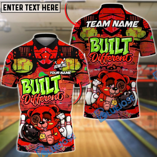 BlueJose Bowling & Pins Built Different Graffiti Teddy Bear Customized Name, Team Name 3D Shirt (4 Colors)
