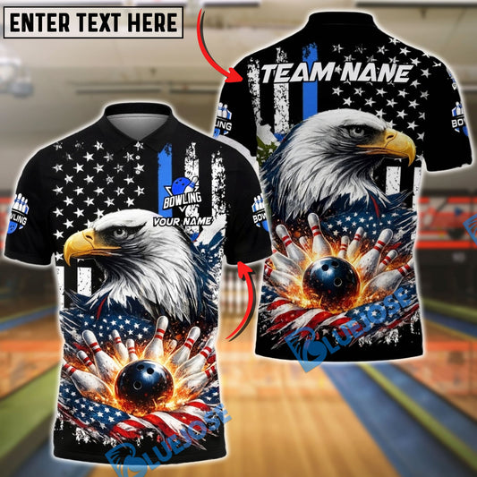 BlueJose Bowling & Pins American Flag Eagle Strike Explosion Customized Name, Team Name 3D Shirt (4 Colors)