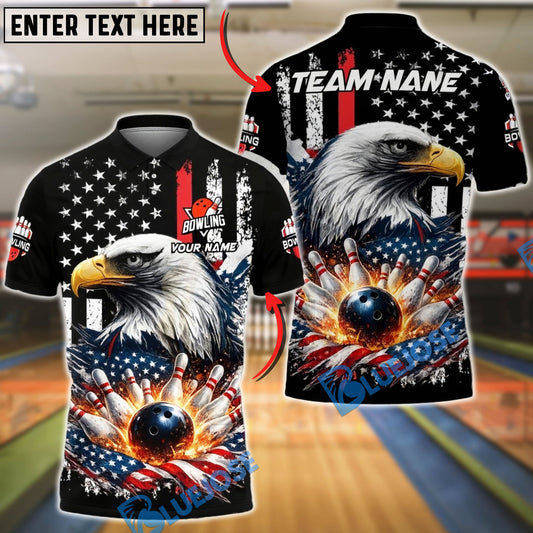 BlueJose Bowling & Pins American Flag Eagle Strike Explosion Customized Name, Team Name 3D Shirt (4 Colors)