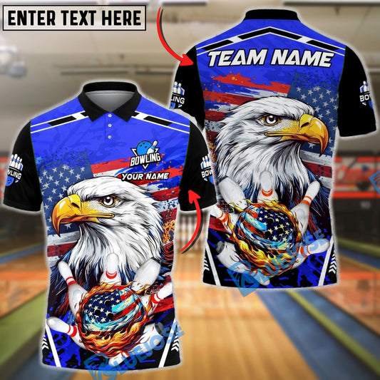 BlueJose Bowling & Pins Patriotic Eagle Flaming Strike Customized Name, Team Name 3D Shirt (4 Colors)