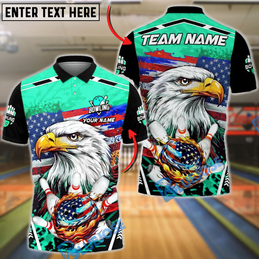 BlueJose Bowling & Pins Patriotic Eagle Flaming Strike Customized Name, Team Name 3D Shirt (4 Colors)