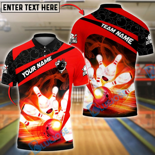 BlueJose Bowling & Pins Strike Fire Motion Pins Smash Customized Name, Team Name 3D Shirt (4 Colors)