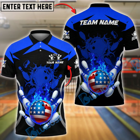 BlueJose Bowling & Pins Fire Ball American Style Strike Customized Name, Team Name 3D Shirt (4 Colors)