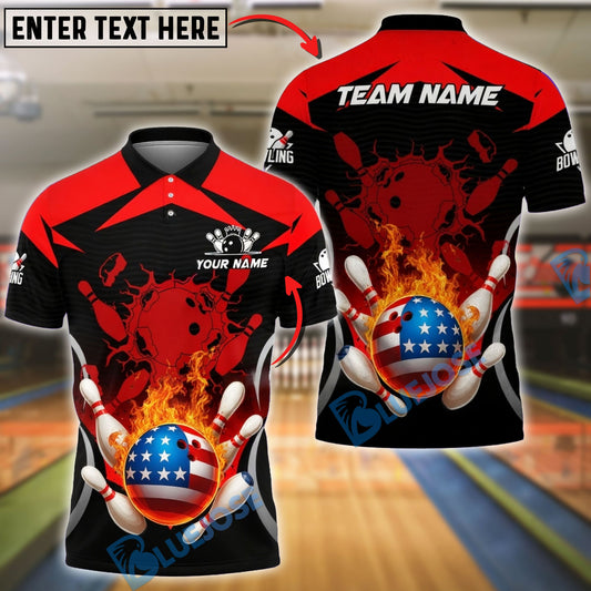 BlueJose Bowling & Pins Fire Ball American Style Strike Customized Name, Team Name 3D Shirt (4 Colors)