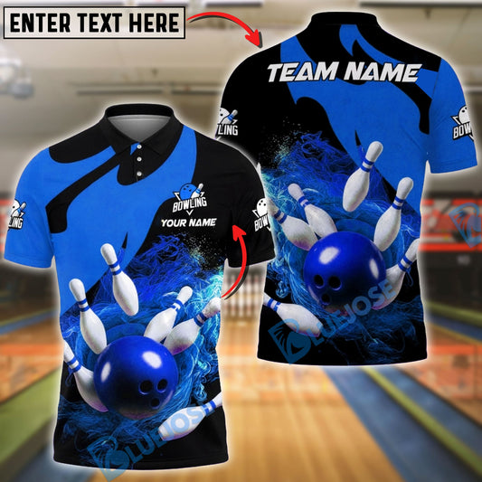 BlueJose Bowling & Pins Flame Swirl Power Shot Customized Name, Team Name 3D Shirt (4 Colors)