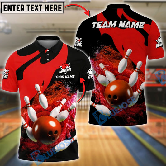 BlueJose Bowling & Pins Flame Swirl Power Shot Customized Name, Team Name 3D Shirt (4 Colors)