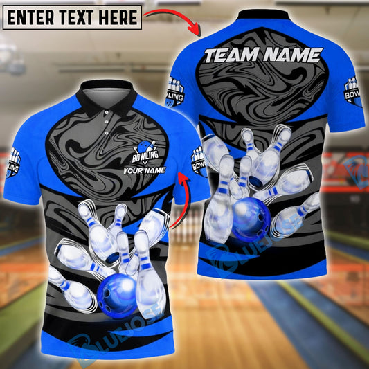 BlueJose Bowling & Pins Strike Glossy Pins Motion Art Customized Name, Team Name 3D Shirt (4 Colors)
