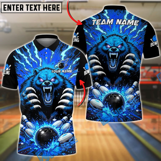 BlueJose Bowling & Pins Furious Blue Bear Strike Explosion Customized Name, Team Name 3D Shirt (4 Colors)