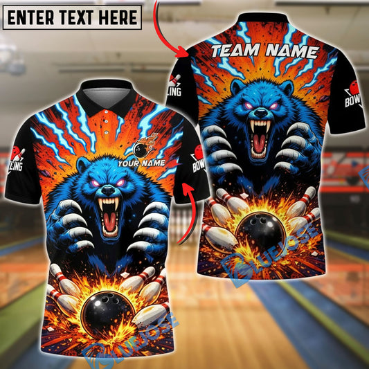 BlueJose Bowling & Pins Furious Blue Bear Strike Explosion Customized Name, Team Name 3D Shirt (4 Colors)