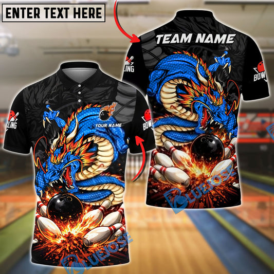 BlueJose Bowling & Pins Fire Dragon Legendary Strike Customized Name, Team Name 3D Shirt (4 Colors)