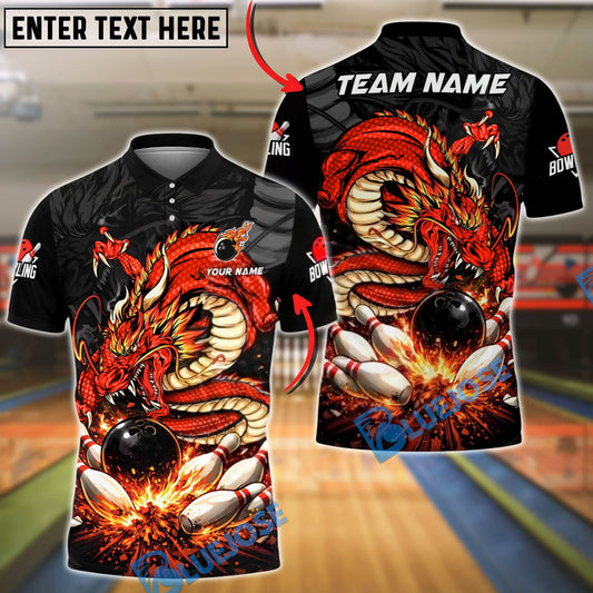 BlueJose Bowling & Pins Fire Dragon Legendary Strike Customized Name, Team Name 3D Shirt (4 Colors)