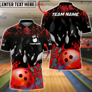 BlueJose Bowling & Pin Fire Strike Flame Pins Customized Name, Team Name 3D Shirt (4 Colors)
