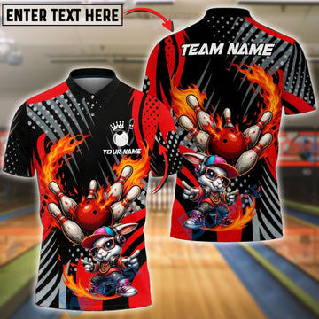 BlueJose Bowling & Pins Bunny Mascot Fire Strike Customized Name, Team Name 3D Shirt (4 Colors)