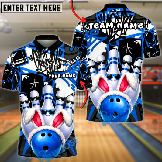 BlueJose Bowling & Pins Graffiti Bunny Pins Street Style Customized Name, Team Name 3D Shirt (4 Colors)