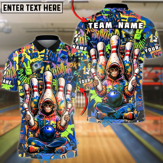 BlueJose Bowling & Pins Graffiti Monkey Splash Art Customized Name, Team Name 3D Shirt (4 Colors)