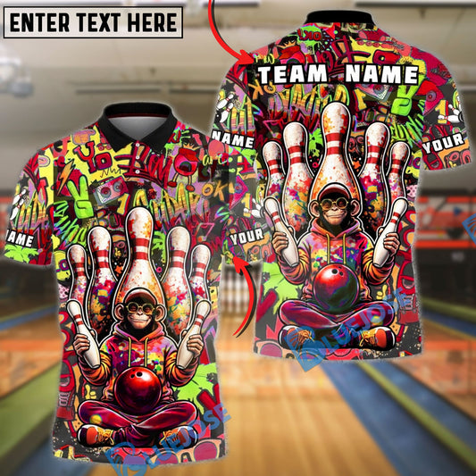 BlueJose Bowling & Pins Graffiti Monkey Splash Art Customized Name, Team Name 3D Shirt (4 Colors)