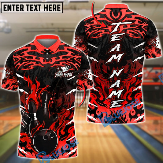 BlueJose Bowling & Pins Dark Flame Bowling Strike Style Customized Name, Team Name 3D Shirt (4 Colors)