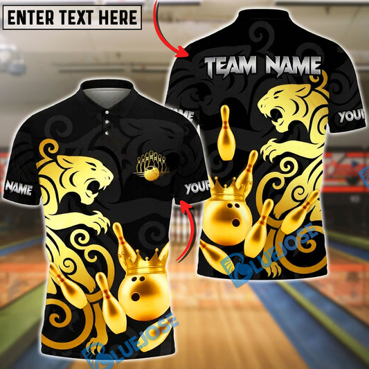 BlueJose Bowling & Pins Black Gold Panther Crown Customized Name, Team Name 3D Shirt (6 Colors)