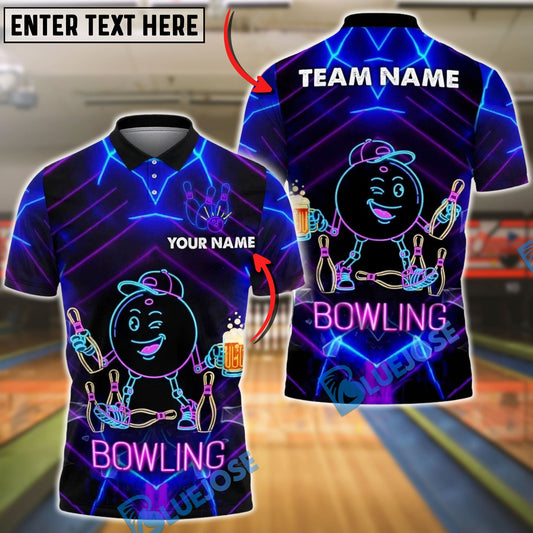BlueJose Bowling & Pins Neon Smiling Bowling Ball Beer Party Style Customized Name, Team Name 3D Shirt (4 Colors)