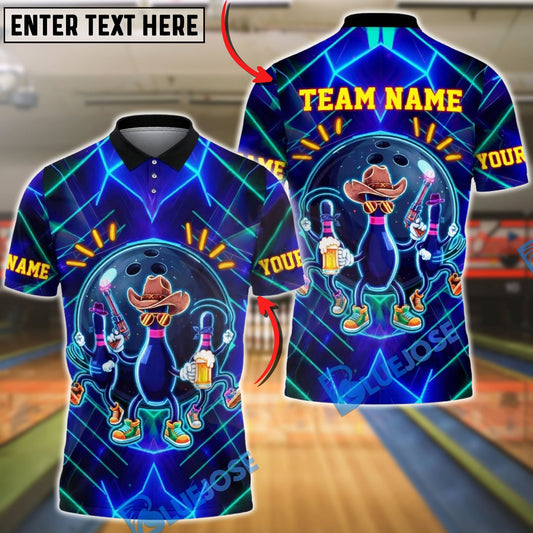 BlueJose Bowling & Pins Neon Cowboy Party Customized Name, Team Name 3D Shirt (4 Colors)