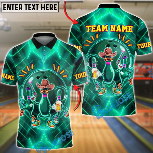BlueJose Bowling & Pins Neon Cowboy Party Customized Name, Team Name 3D Shirt (4 Colors)