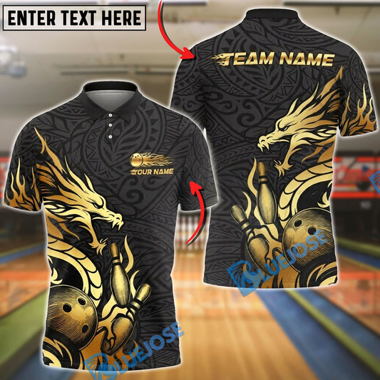 BlueJose Bowling & Pins Dragon Strike Golden Tribal Customized Name, Team Name 3D Shirt (6 Colors)